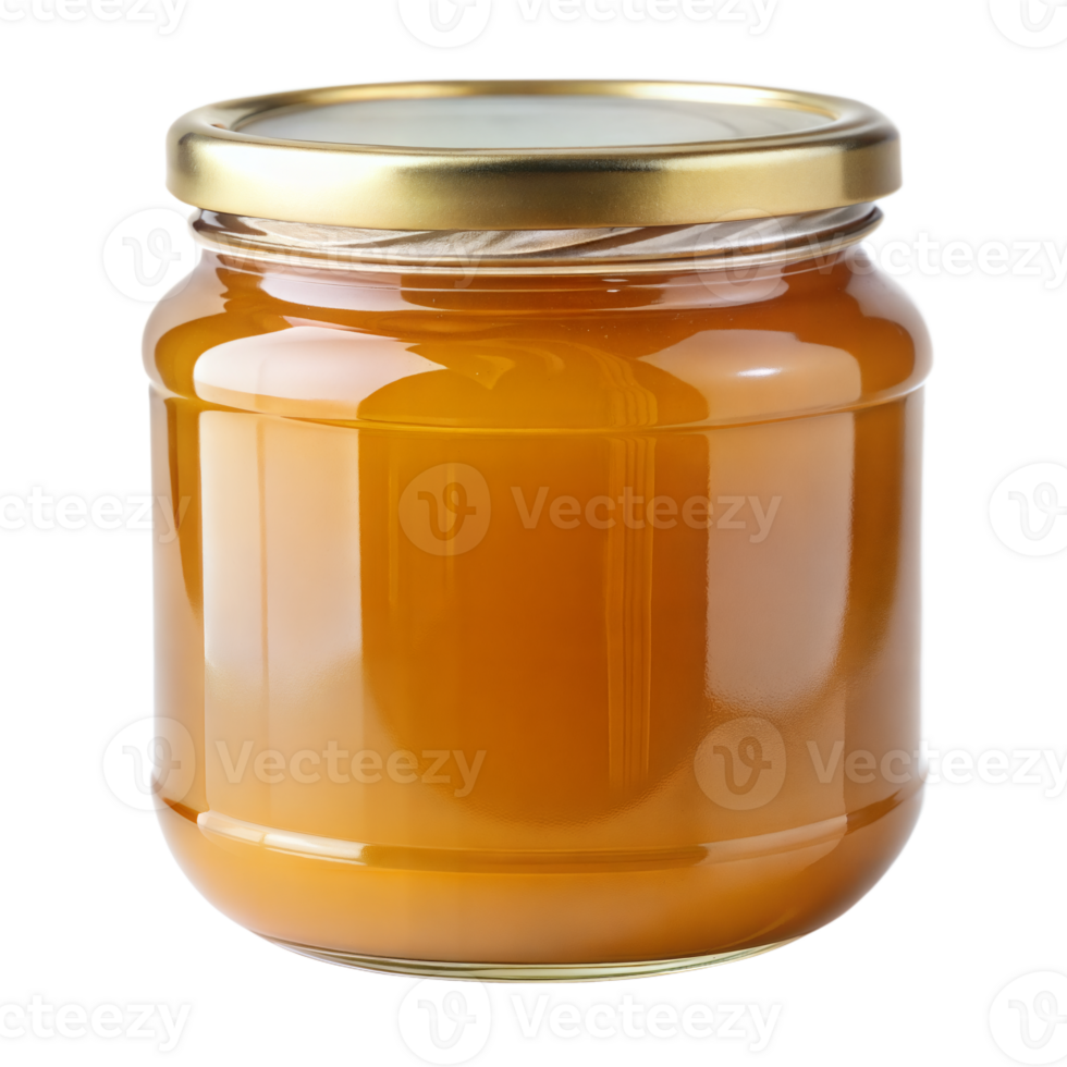 Golden honey in a clear jar with metal lid, isolated png