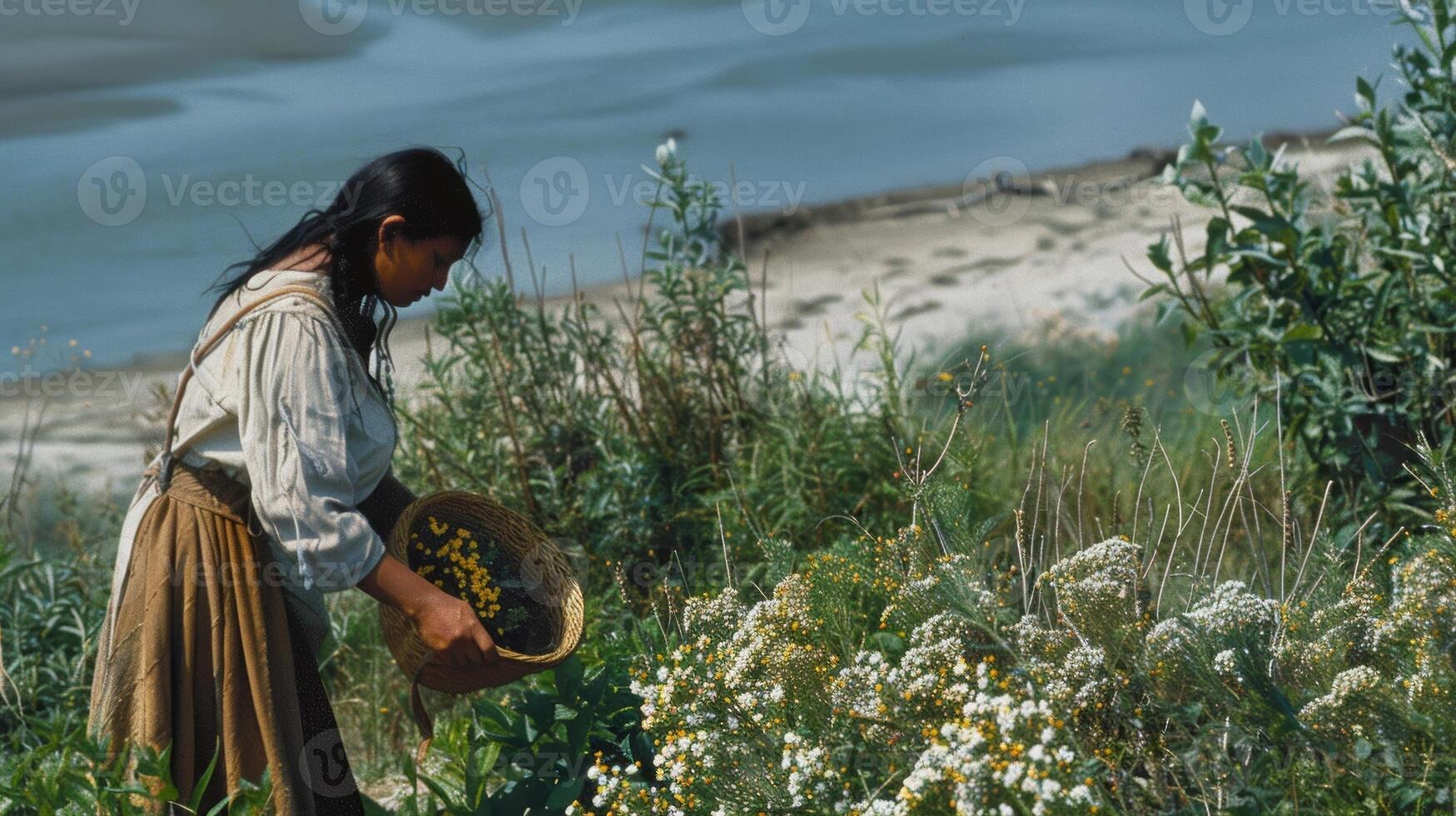 A woman using a woven basket tied to her waist to gather wild berries from bushes dotted along the edge of a sandy beach photo