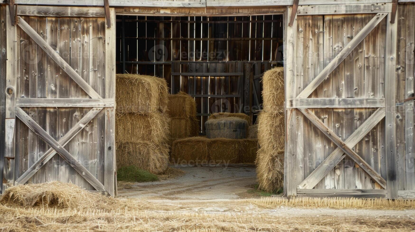 un resistido antiguo granero sus de madera puertas abierto a revelar pilas de heno y agricultura equipo dentro foto