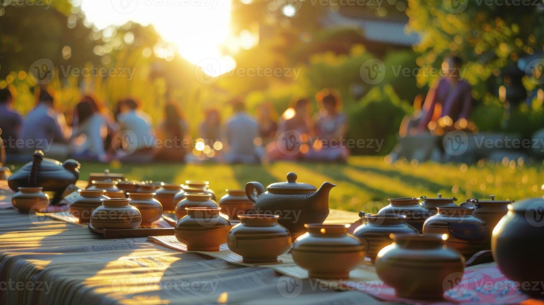 An outdoor tea ceremony takes place as the sun sets creating a serene and peaceful atmosphere for guests photo