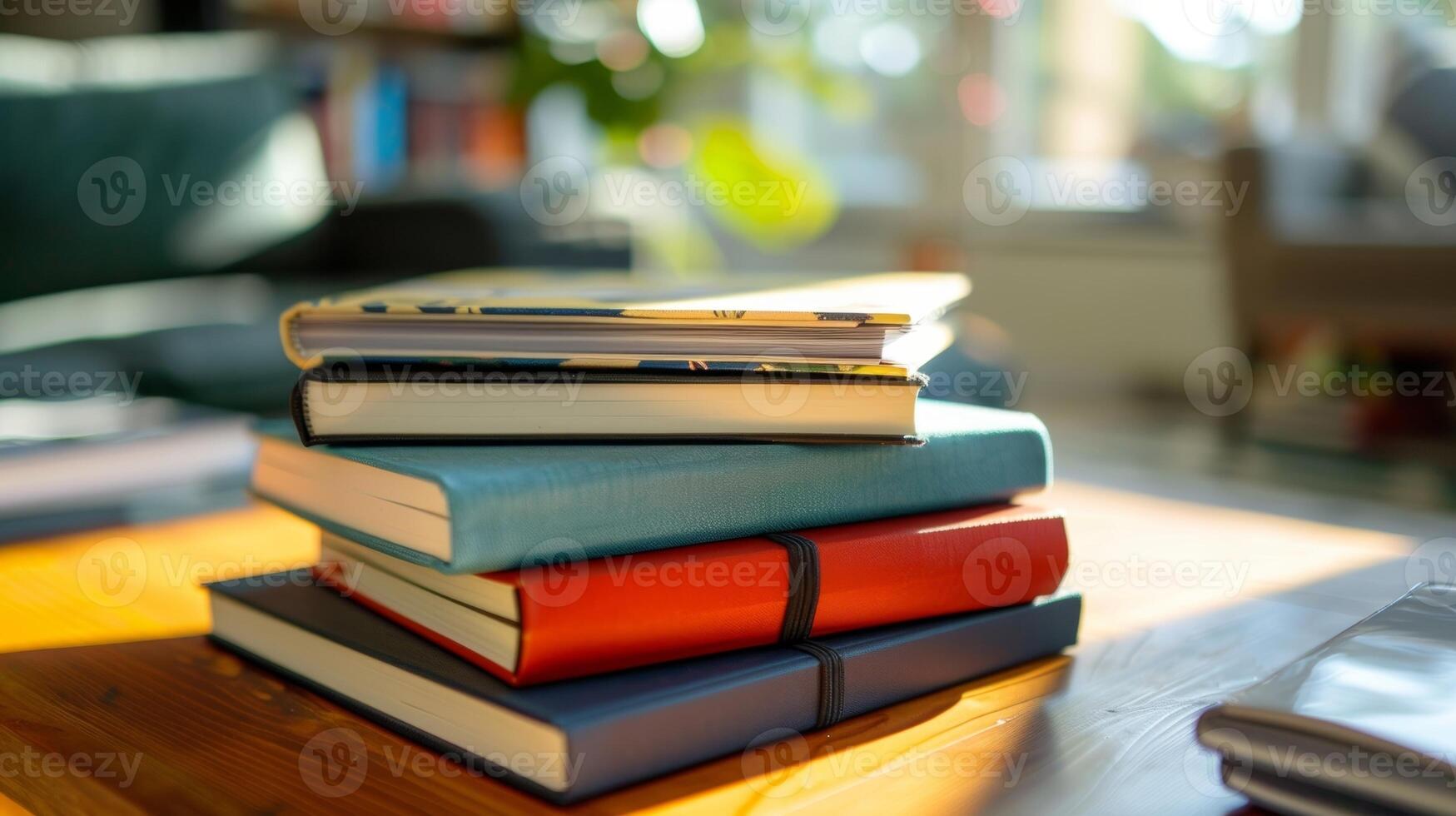 A stack of journals and notebooks on a coffee table used by members to reflect and track their personal development journey photo