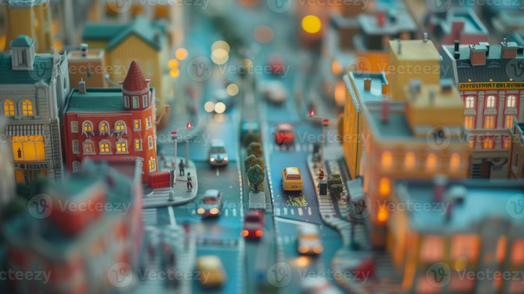 A miniature clay cityscape complete with buildings roads and tiny cars perfect for a dynamic stopmotion chase scene. photo