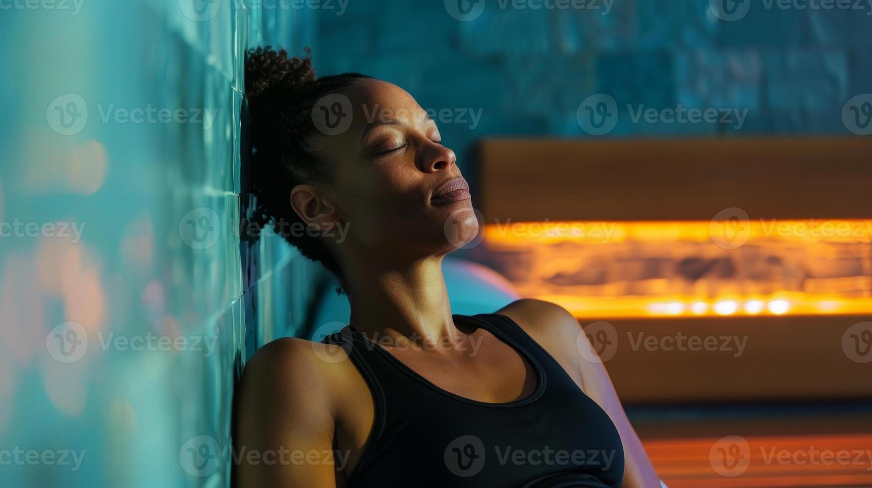 A person with fibromyalgia takes a break from their busy day at work to relax in a sauna in the workplace wellness center. As the heat soothes their tired muscles they feel a renewed photo