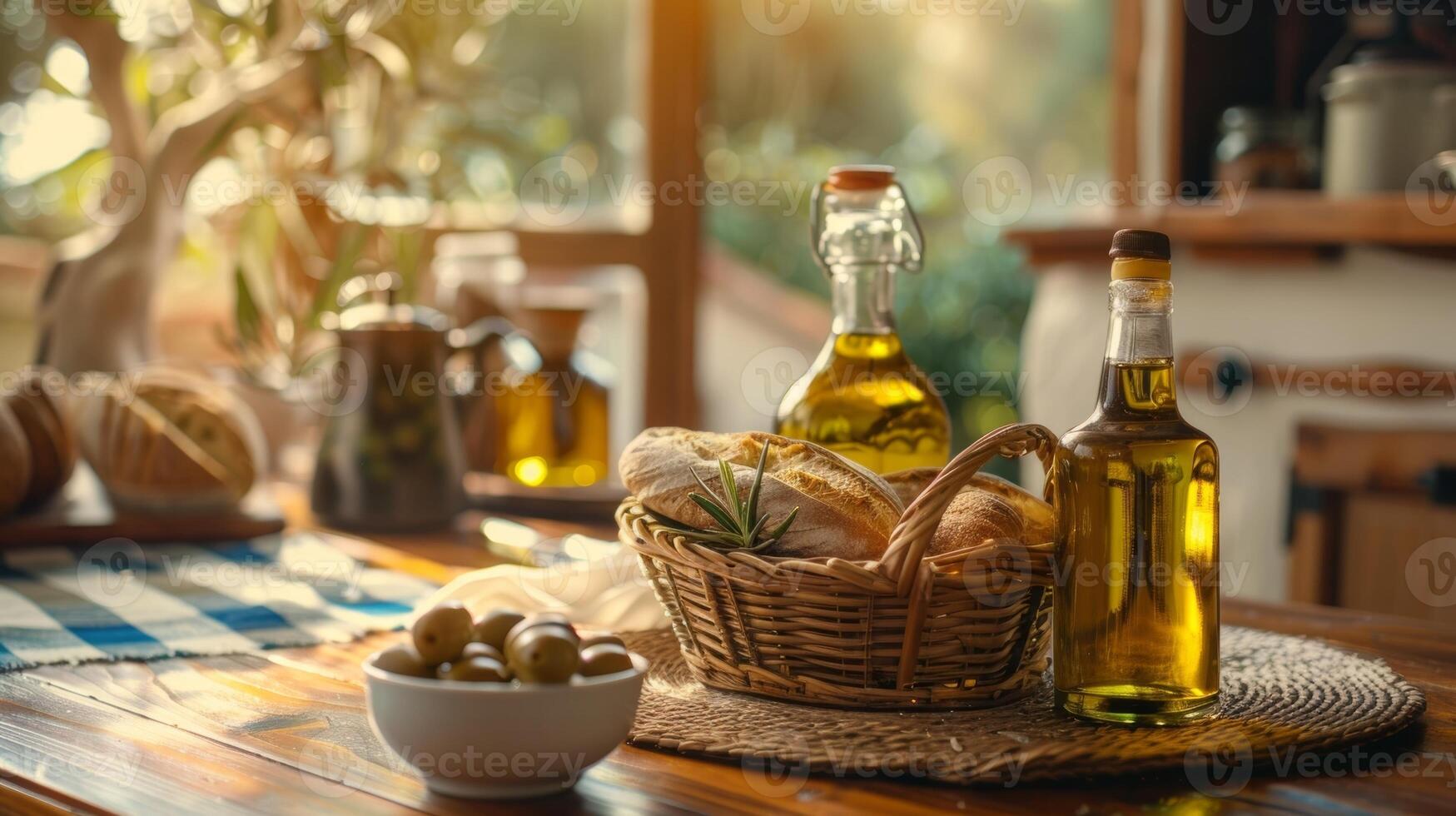 un acogedor cocina mesa conjunto para dos presentando un cesta de calentar un pan un cuenco de orgánico aceitunas y un botella de Rico sabroso orgánico semilla petróleo foto