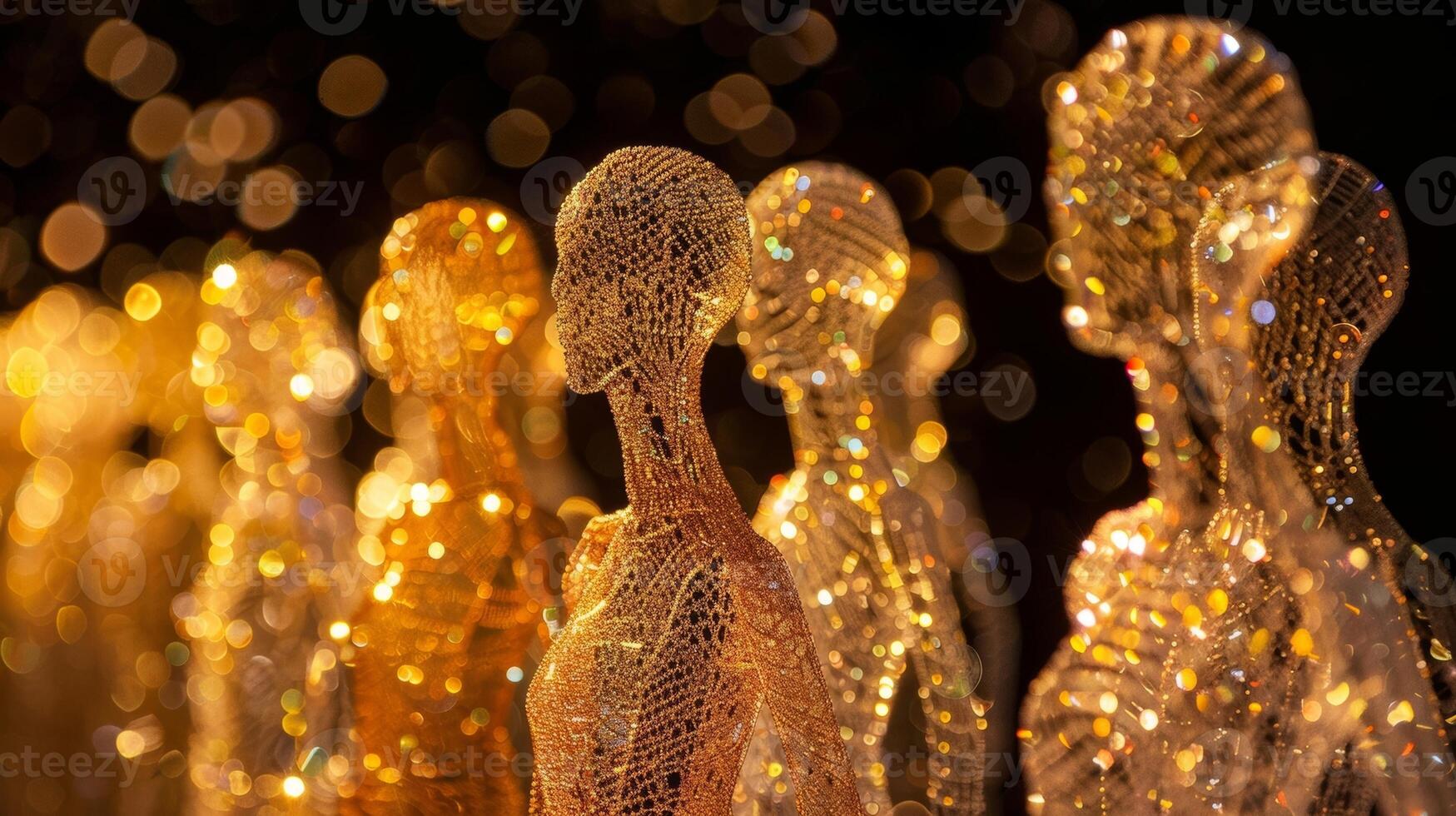A group of elegant sculptures made from gleaming wire and beads glimmer quietly in the light of the fire inviting closer inspection. 2d flat cartoon photo