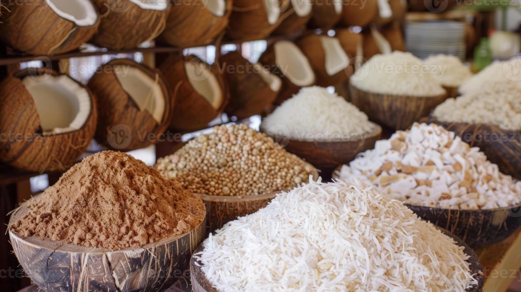 In one corner of the room a display of different types of coconuts fresh shredded and powdered awaits use in the recipes photo