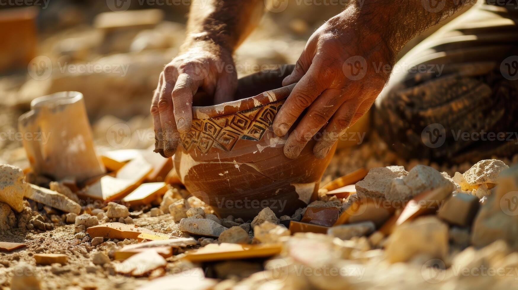 The careful hands of an archaeologist remove fragments of a broken vase from the ground piecing together the puzzle of this ancient civilization photo