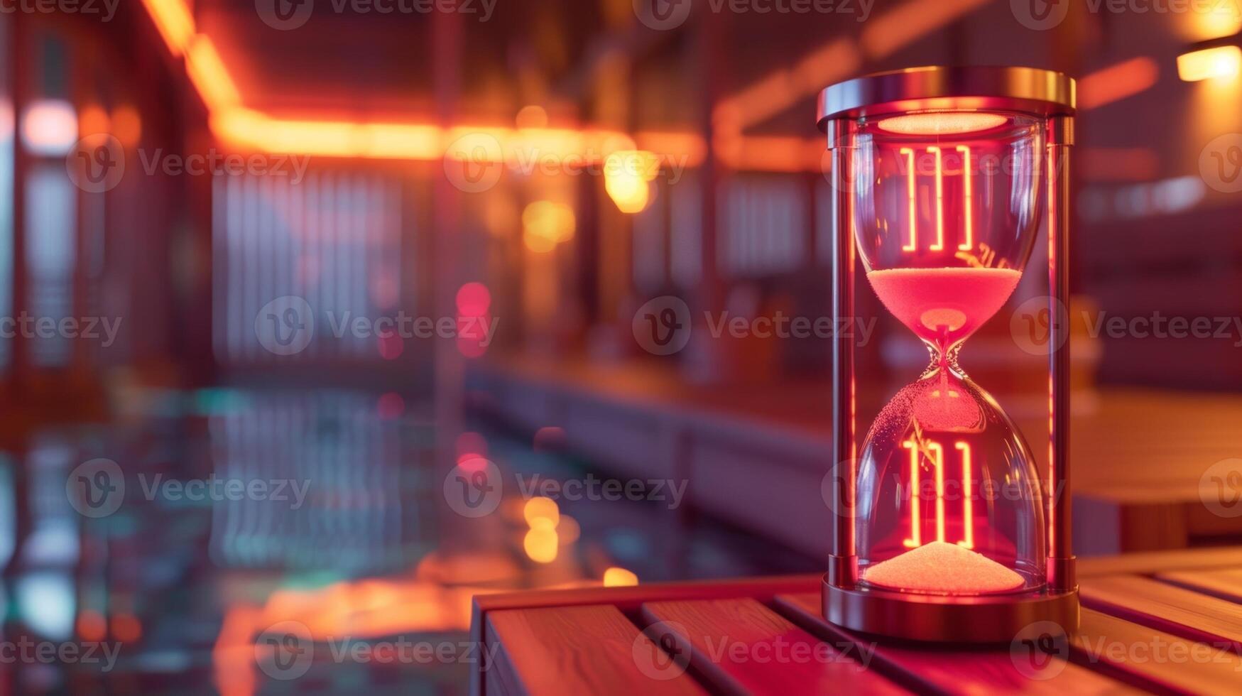 image 2 Closeup of a digital hourglass timer with glowing red numbers and a faint image of a sauna in the background. photo