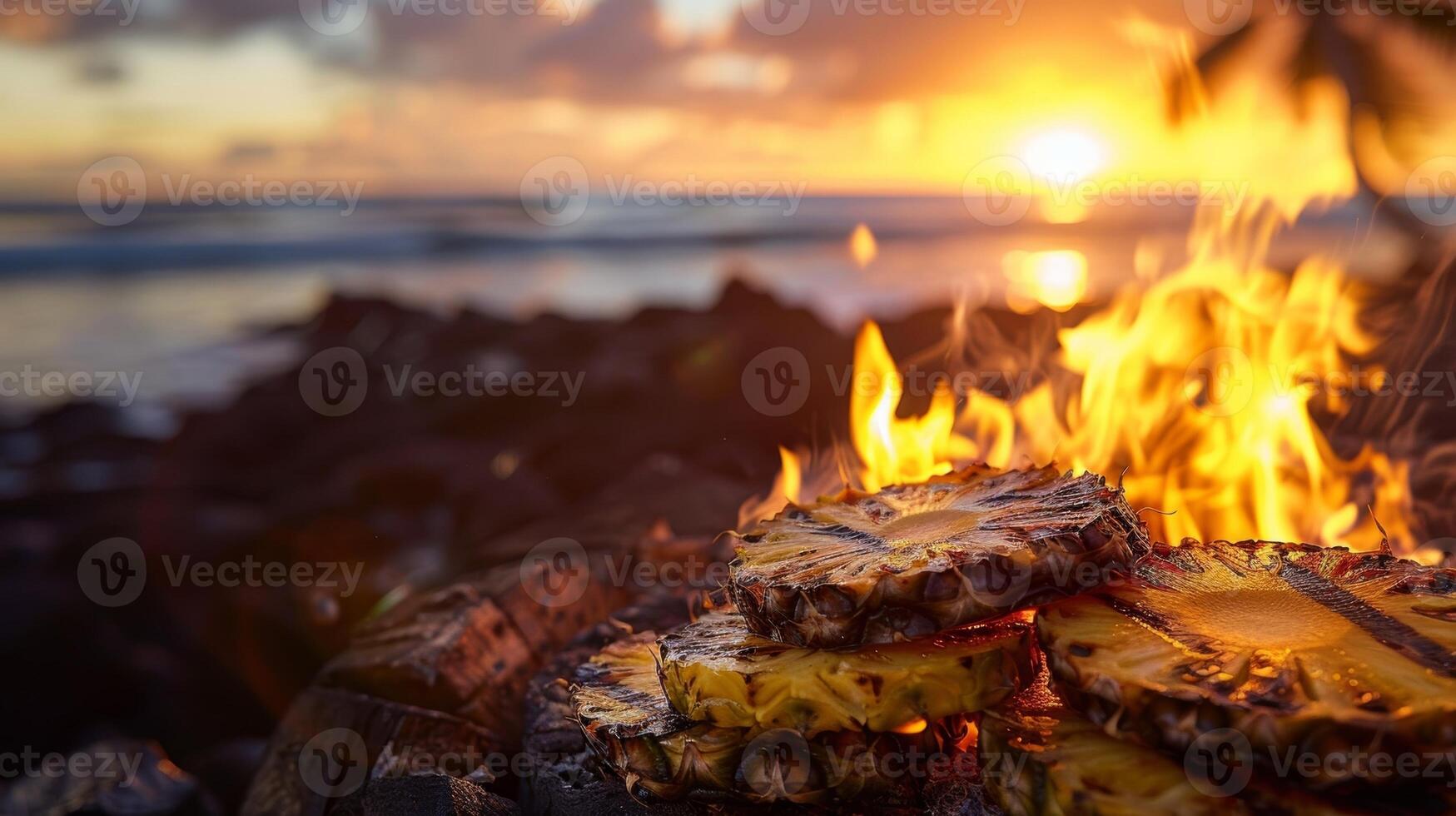 As the sun sets over the ocean the warm glow of the fire illuminates the juicy slices of charred pineapple waiting to be devoured photo