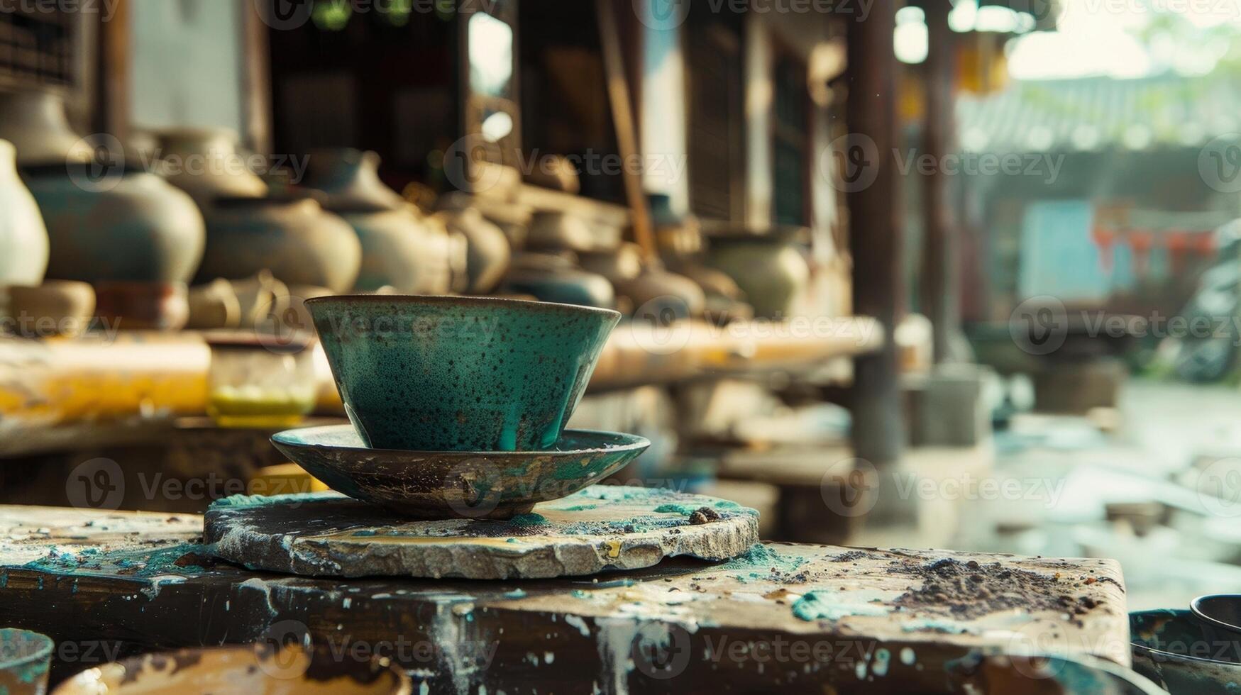 A cup of hot tea sits next to a persons pottery project providing a sense of warmth and relaxation during the session photo