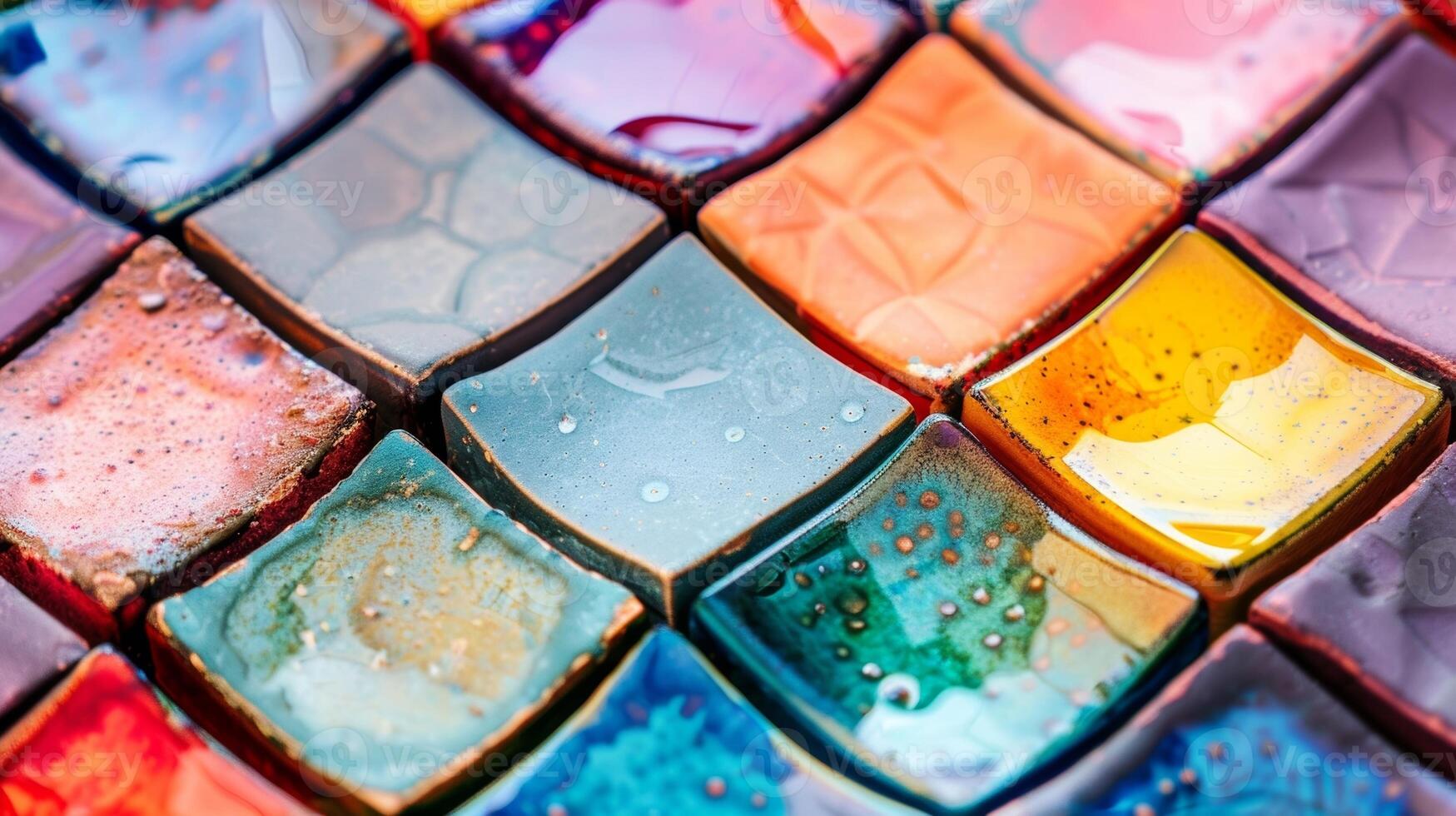 Vividly colored ceramic tiles in a kaleidoscopelike pattern created by mixing multiple colored clays together. photo