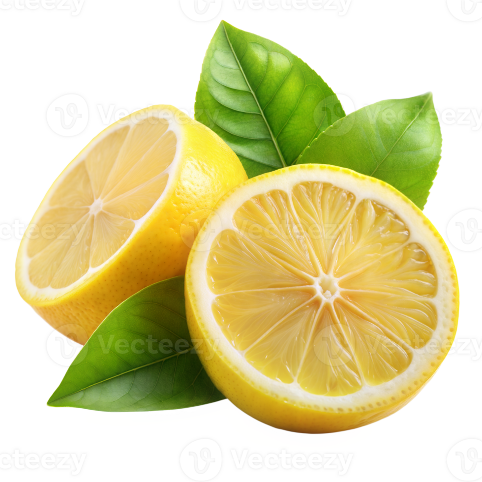 Two halves of a ripe lemon with green leaves png