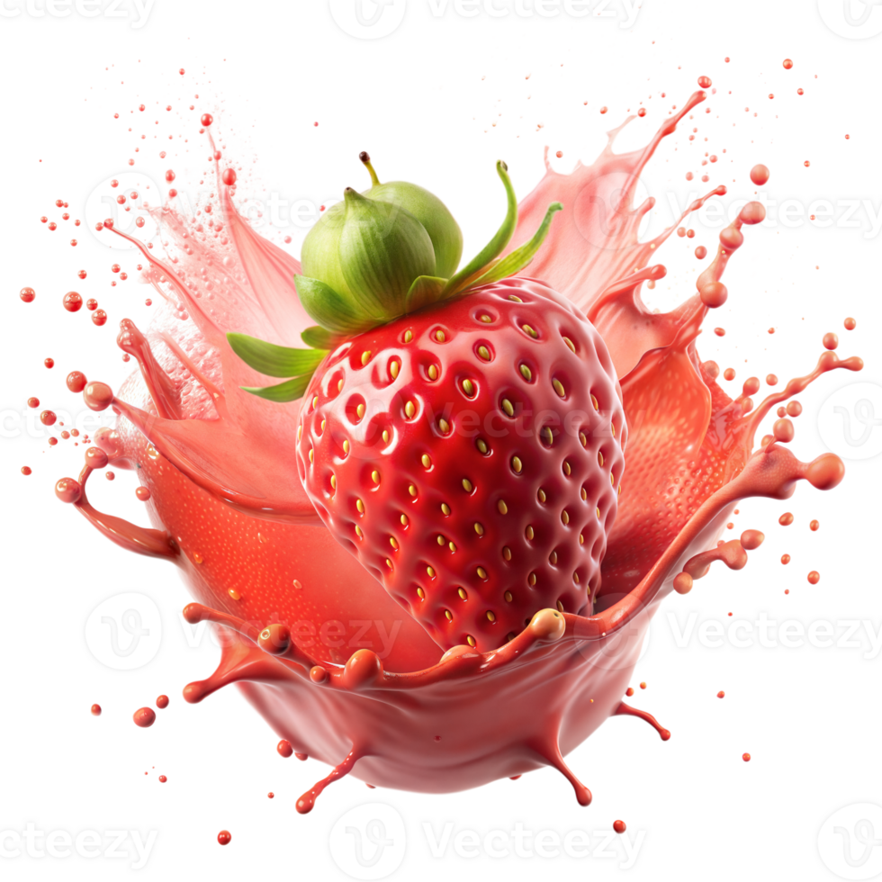 Strawberry mid-splash in bright juice, capturing dynamic motion png