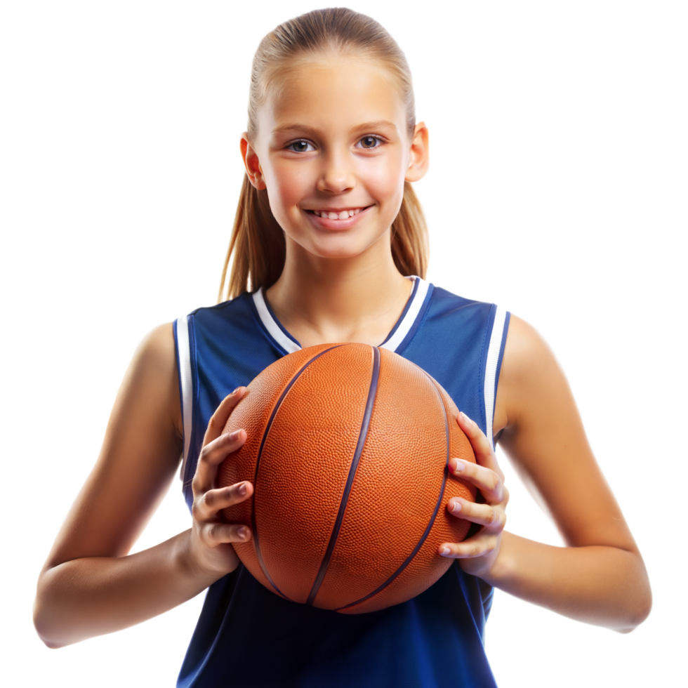 A girl in a basketball uniform confidently holds a ball png