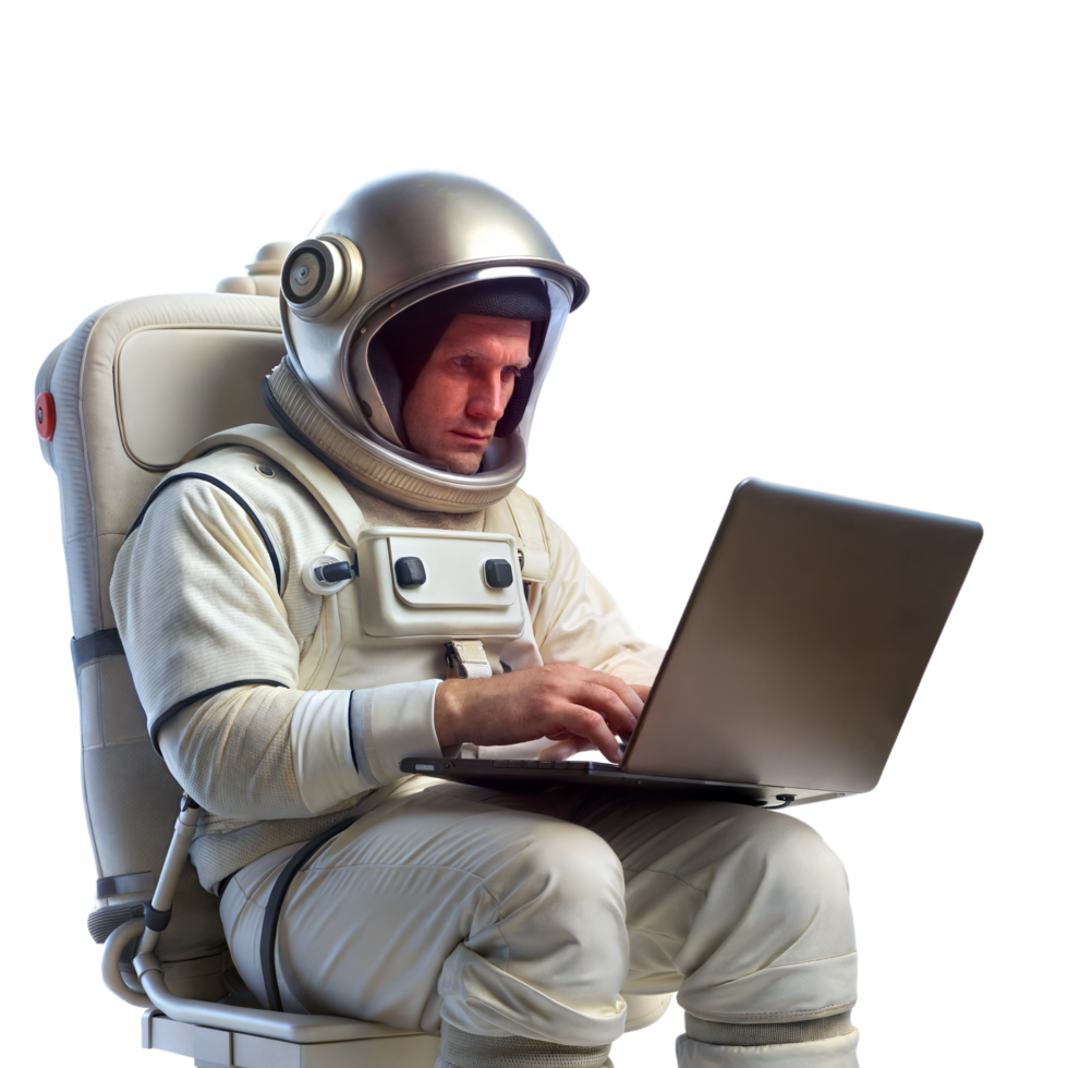 Astronaut uses laptop while seated png