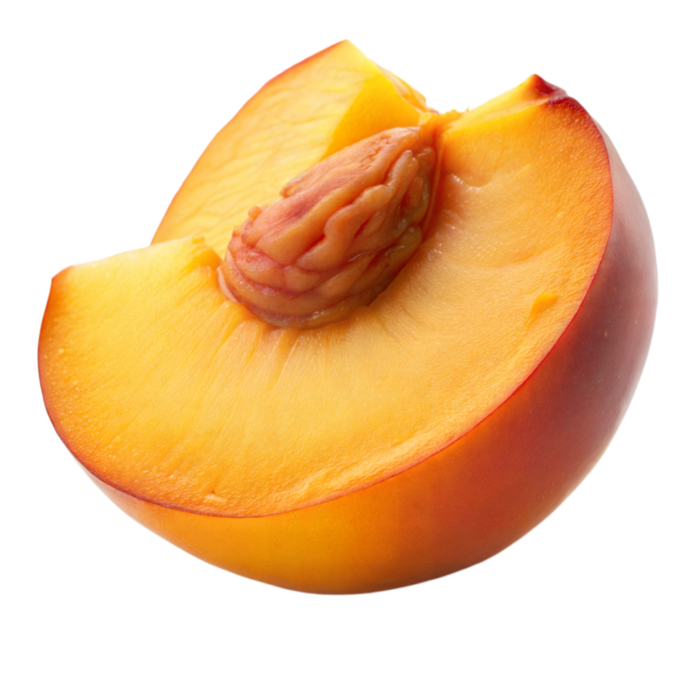 A ripe peach segment with its pit at center stage png