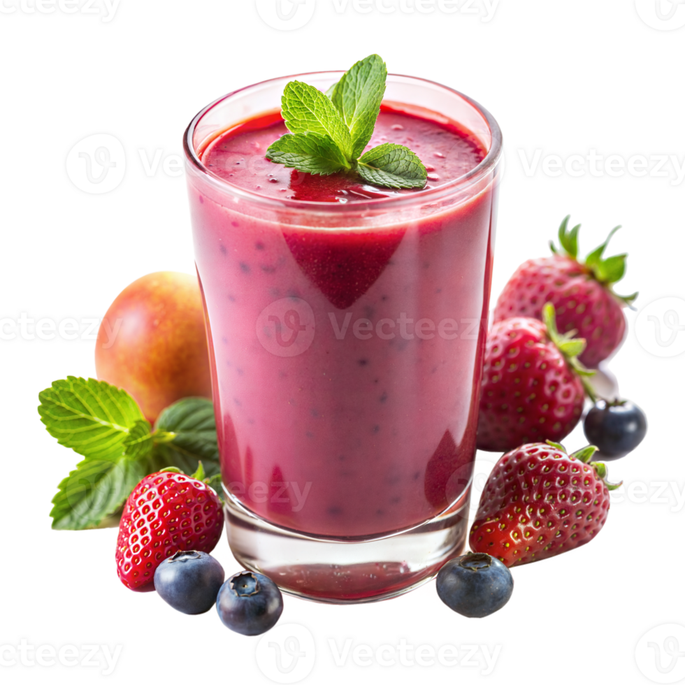 A vibrant berry smoothie garnished with fresh mint, surrounded by assorted berries and an apple png