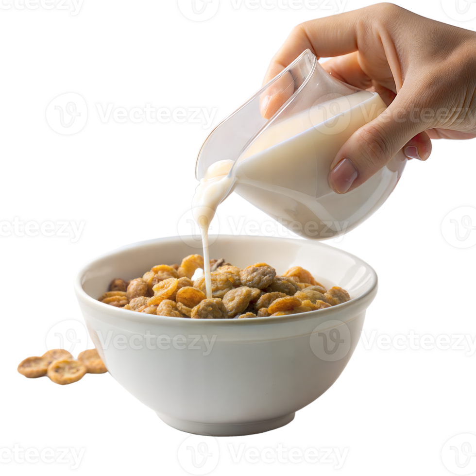 Pouring milk into cereal in a white bowl png