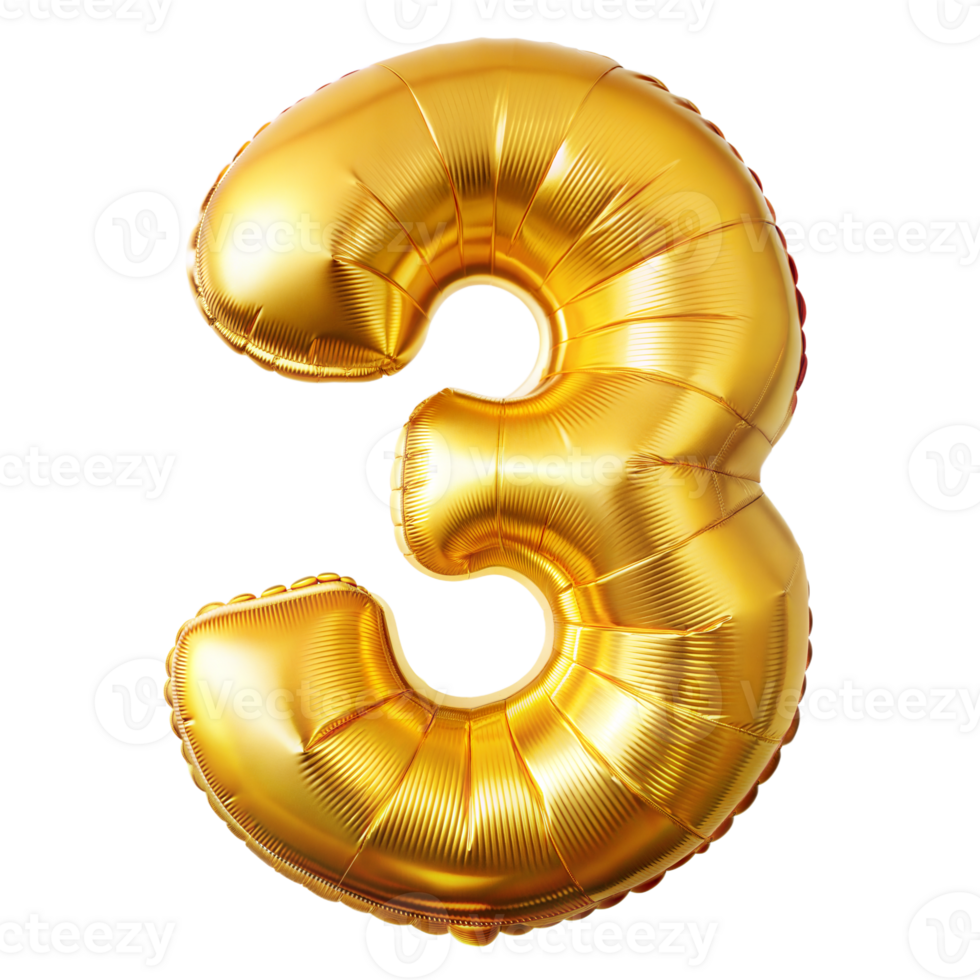 A shiny golden balloon in the shape of the number three png