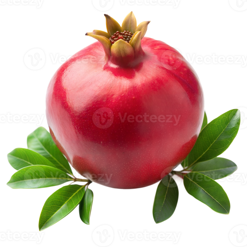 A fresh pomegranate with its vibrant red hue and surrounding greenery png