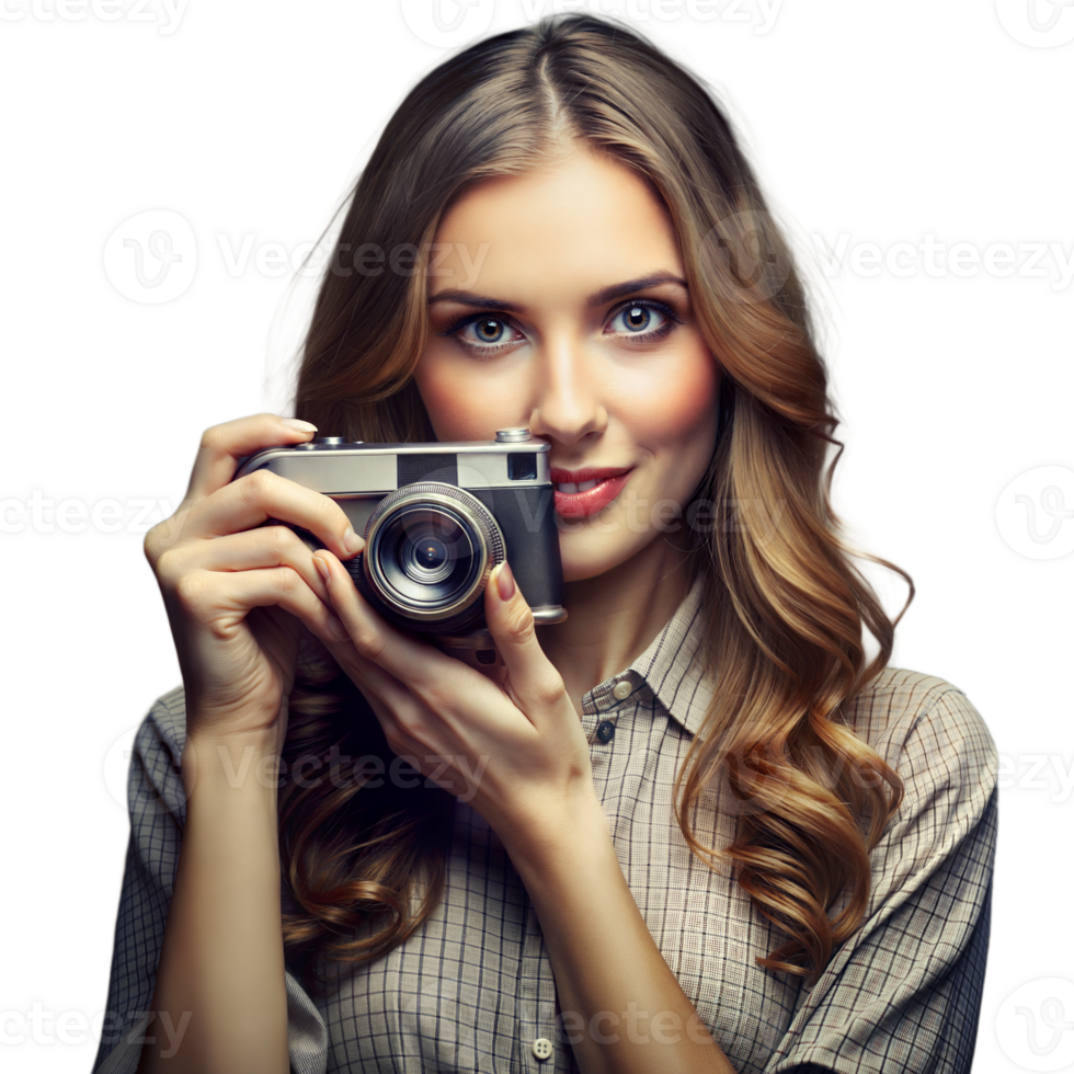 A woman with a retro camera prepares to snap a picture png