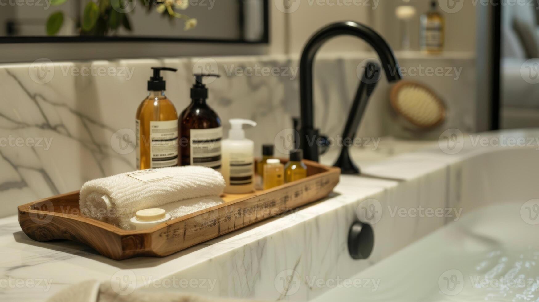 A wooden tray filled with luxurious bath products sits next to the tub ready for you to pamper yourself. 2d flat cartoon photo