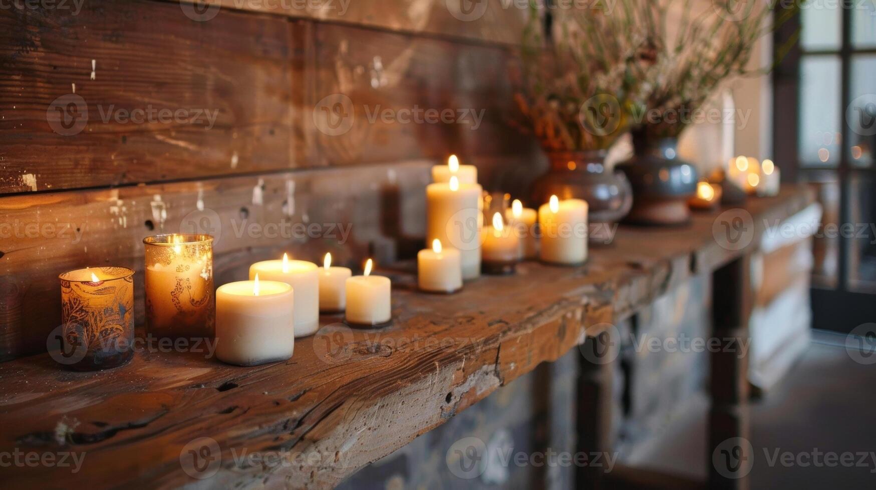 A rustic industrial space transformed into an intimate haven with the addition of numerous candles in mismatched holders. 2d flat cartoon photo
