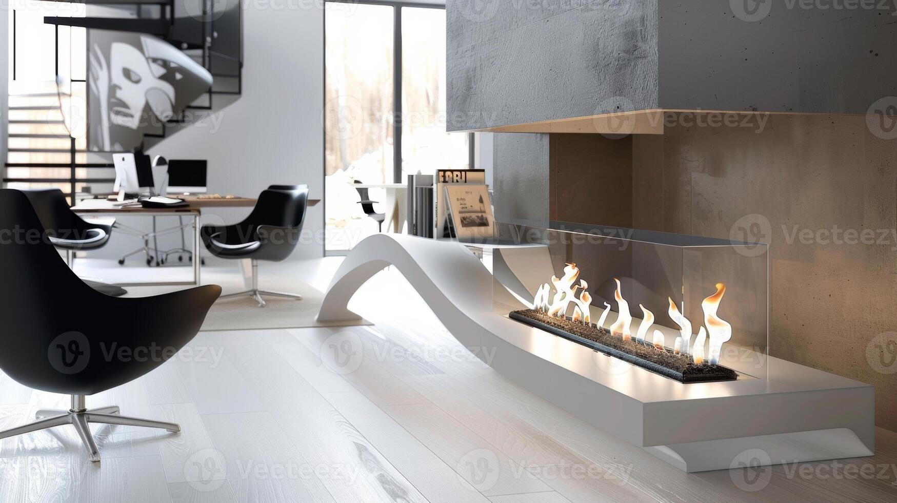 A chic modern office space with a bioethanol fireplace adding a touch of warmth and sophistication to the sleek decor. 2d flat cartoon photo