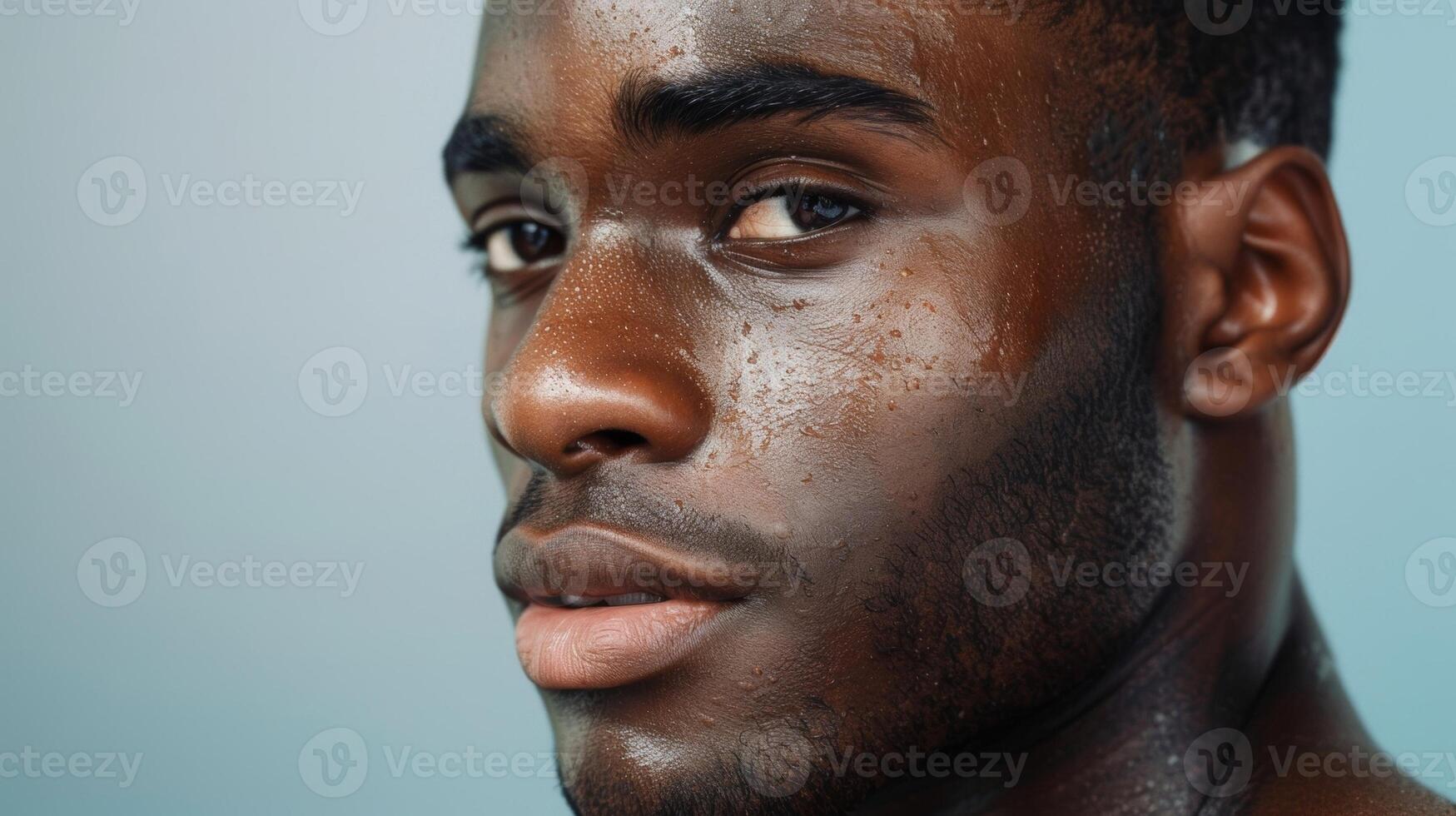 A man with flawless skin proudly displaying his unconventional birthmarks as a part of a beauty campaign aimed at promoting selflove and acceptance photo