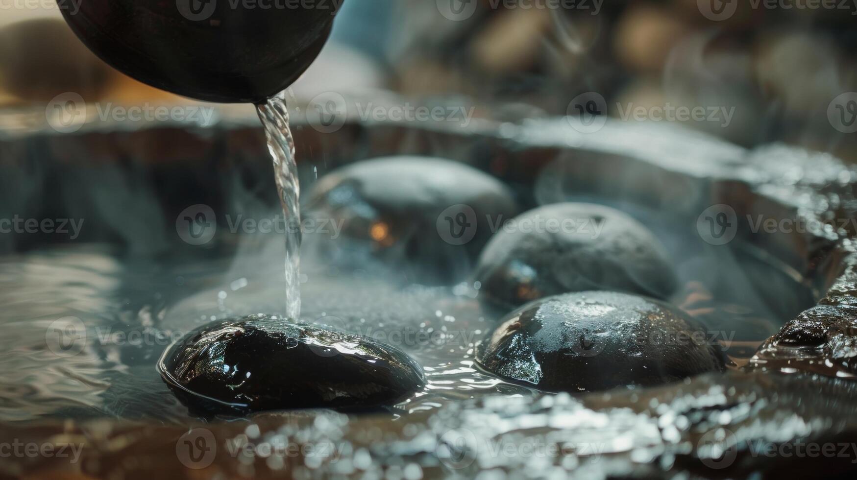 A man pouring water over hot stones creating an infusion of steam in the sauna allowing pores to open and release impurities. photo