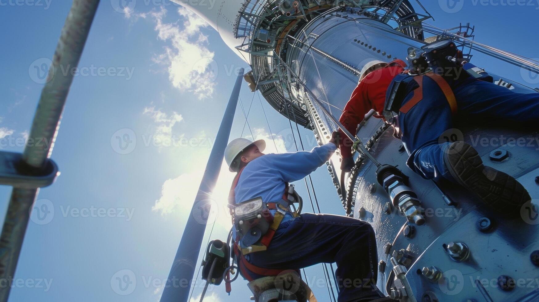 A lole shot of workers installing the final bolts on the base of the turbine tower as it reaches towards the sky photo