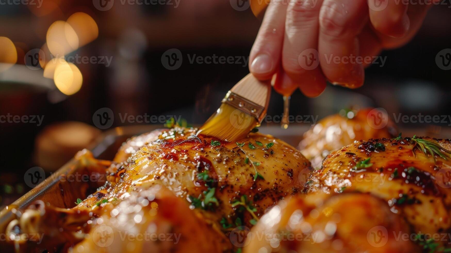 un cocineros mano utilizando un Pastelería cepillo a vidriar un marrón dorado asado pollo con un hecho en casa miel y hierba mezcla foto