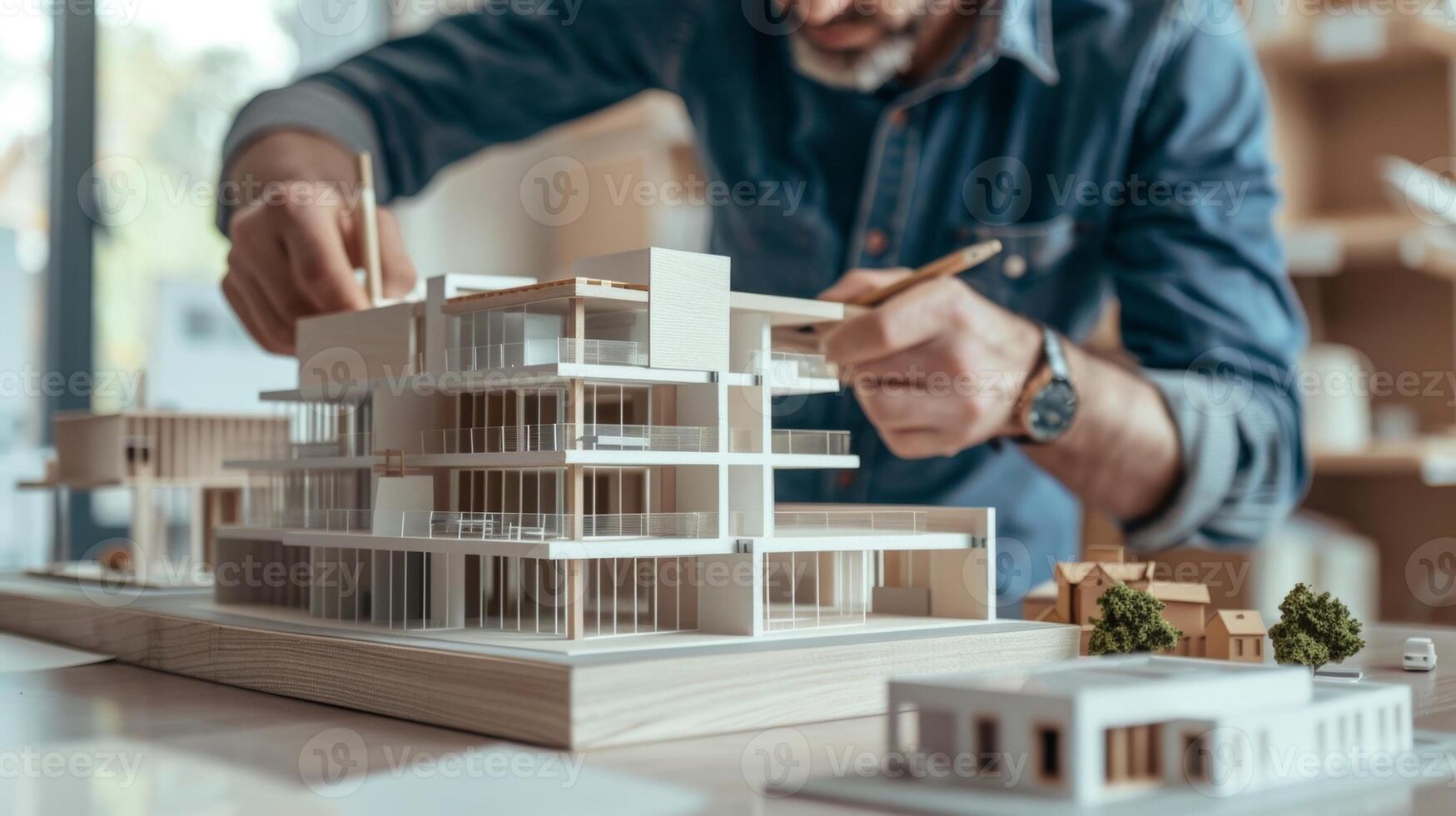 Two construction workers studying the architectural model as they plan the next phase of the project photo