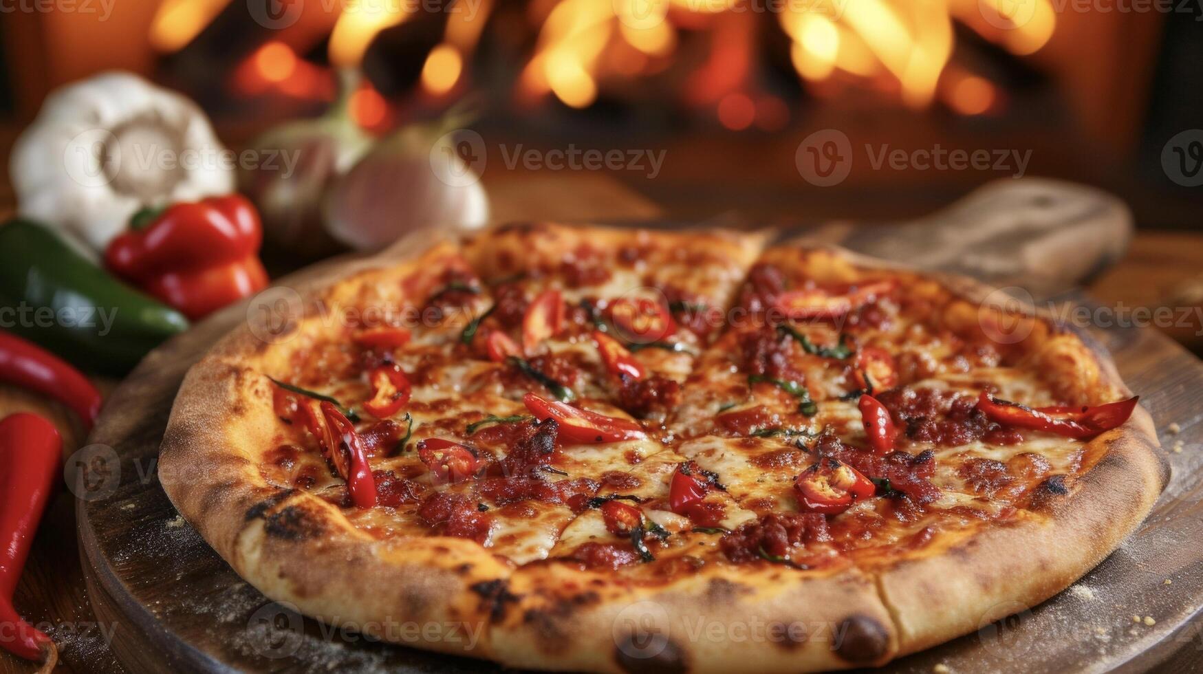 Get your taste buds ready for a zesty adventure with this hot pepper pizza Loaded with a generous amount of fiery peppers and sprinkled with fiery chili flakes each bite wil photo