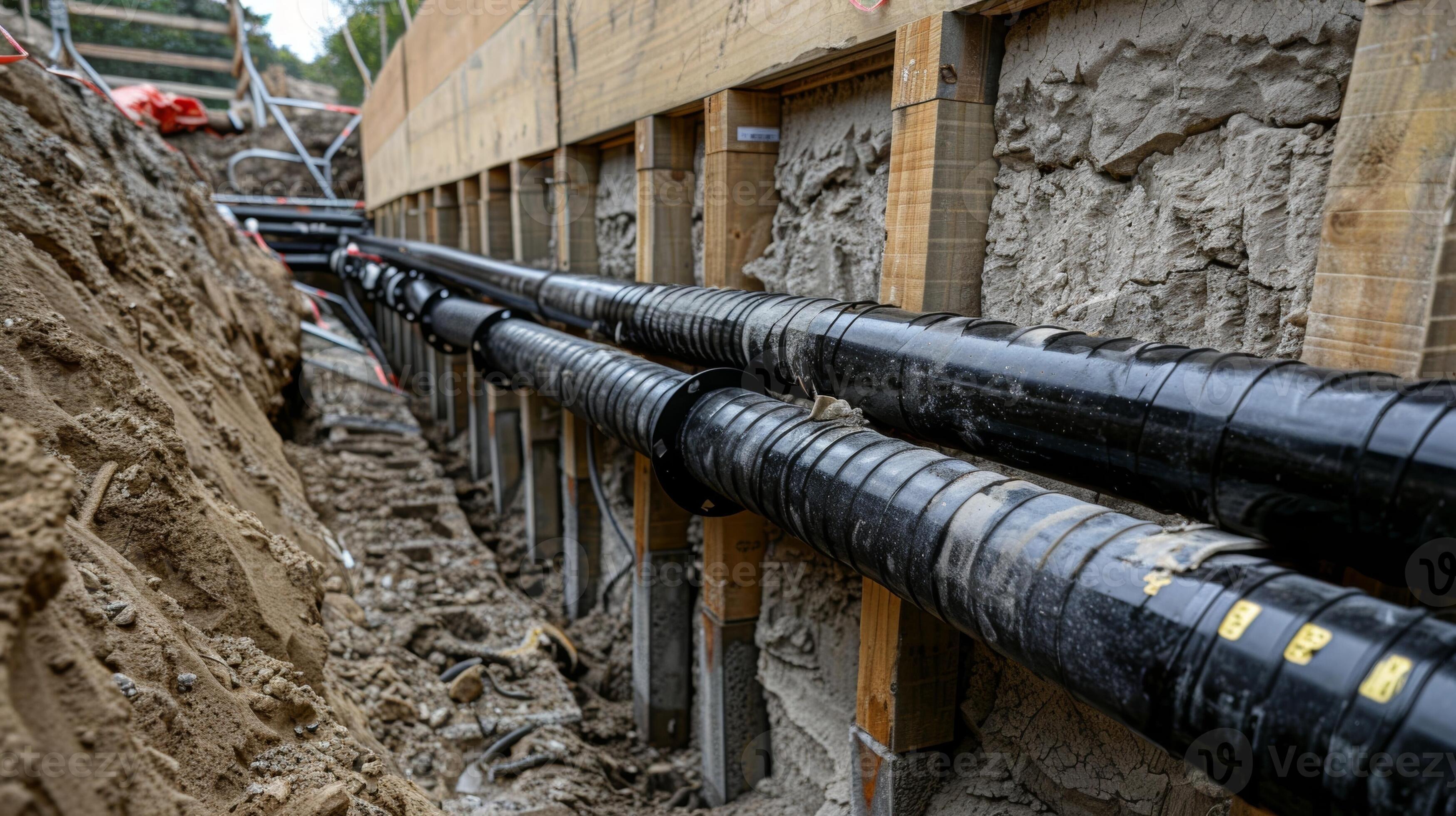 A section of the retaining wall with drainage pipes installed to prevent water from building up