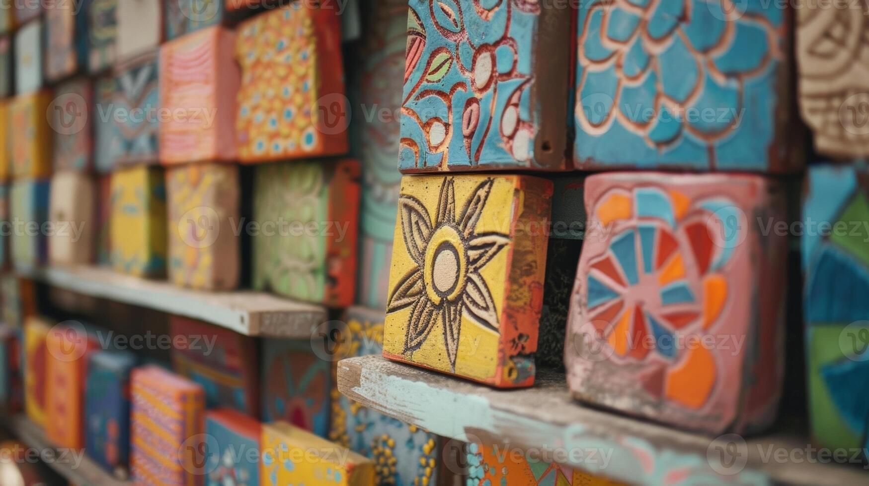 A collection of colorful handpainted clay tiles displayed on a shelf showcasing the different techniques used in their design. photo