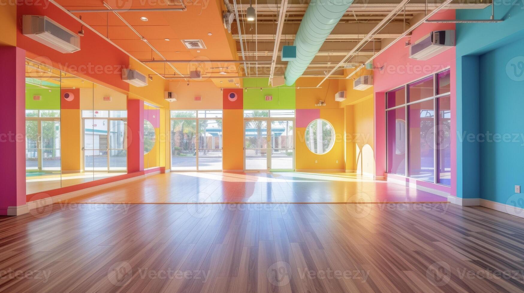 A vibrant and colorful dance studio with hardwood floors and walllength mirrors ideal for practicing routines and honing dance skills photo
