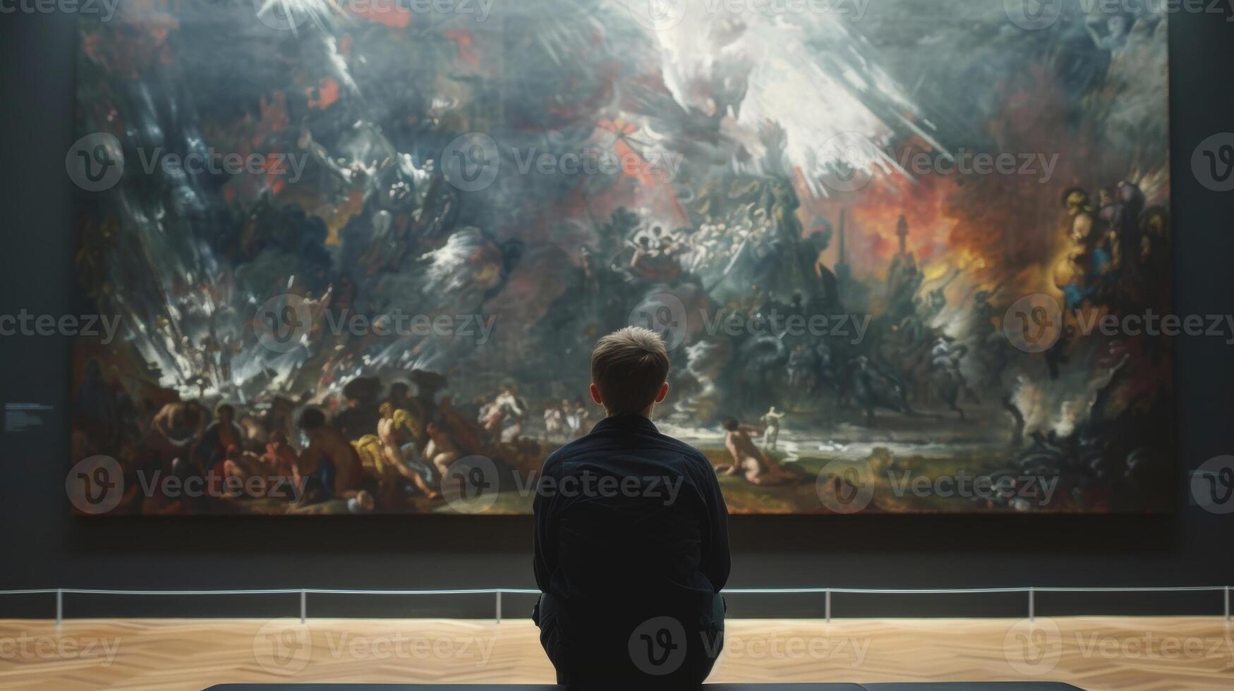 A lone figure seated in front of a large painting absorbed in contemplation as he examines the intricate details and hidden meanings within the piece photo