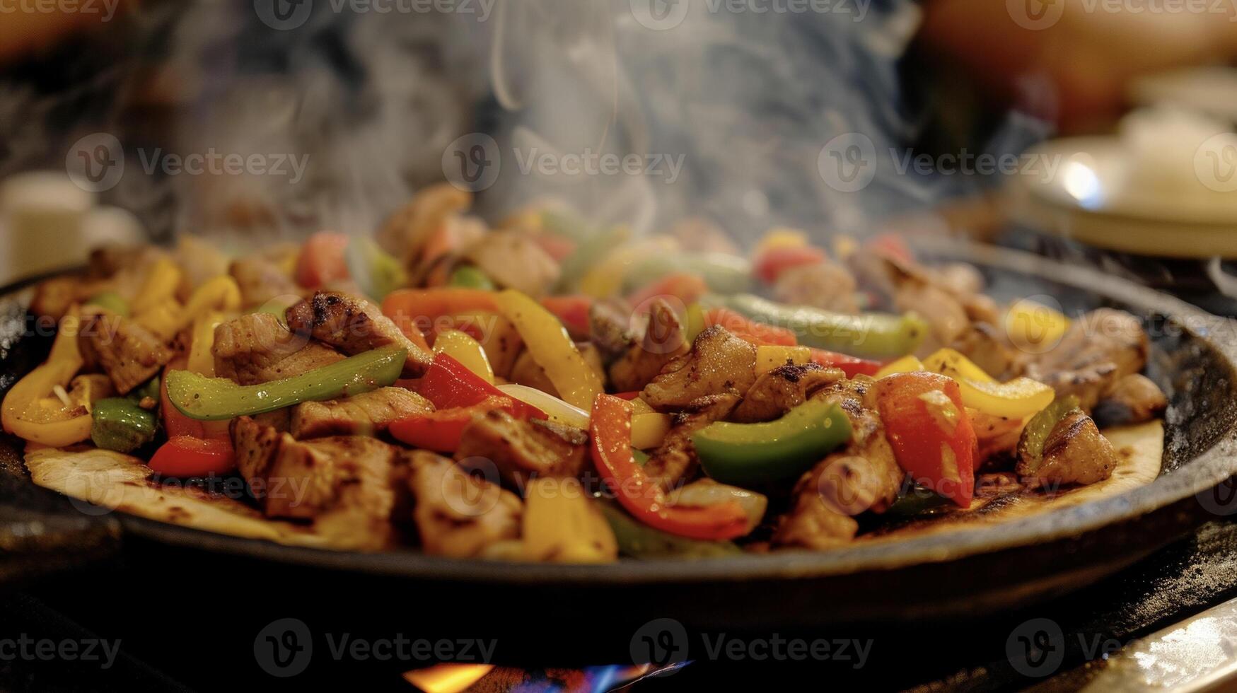 A sizzling fiesta is about to begin as the smoky aroma of grilled fajitas fills the air. Diners cant resist the temptation of the tender marinated meats and sizzling vegetable photo