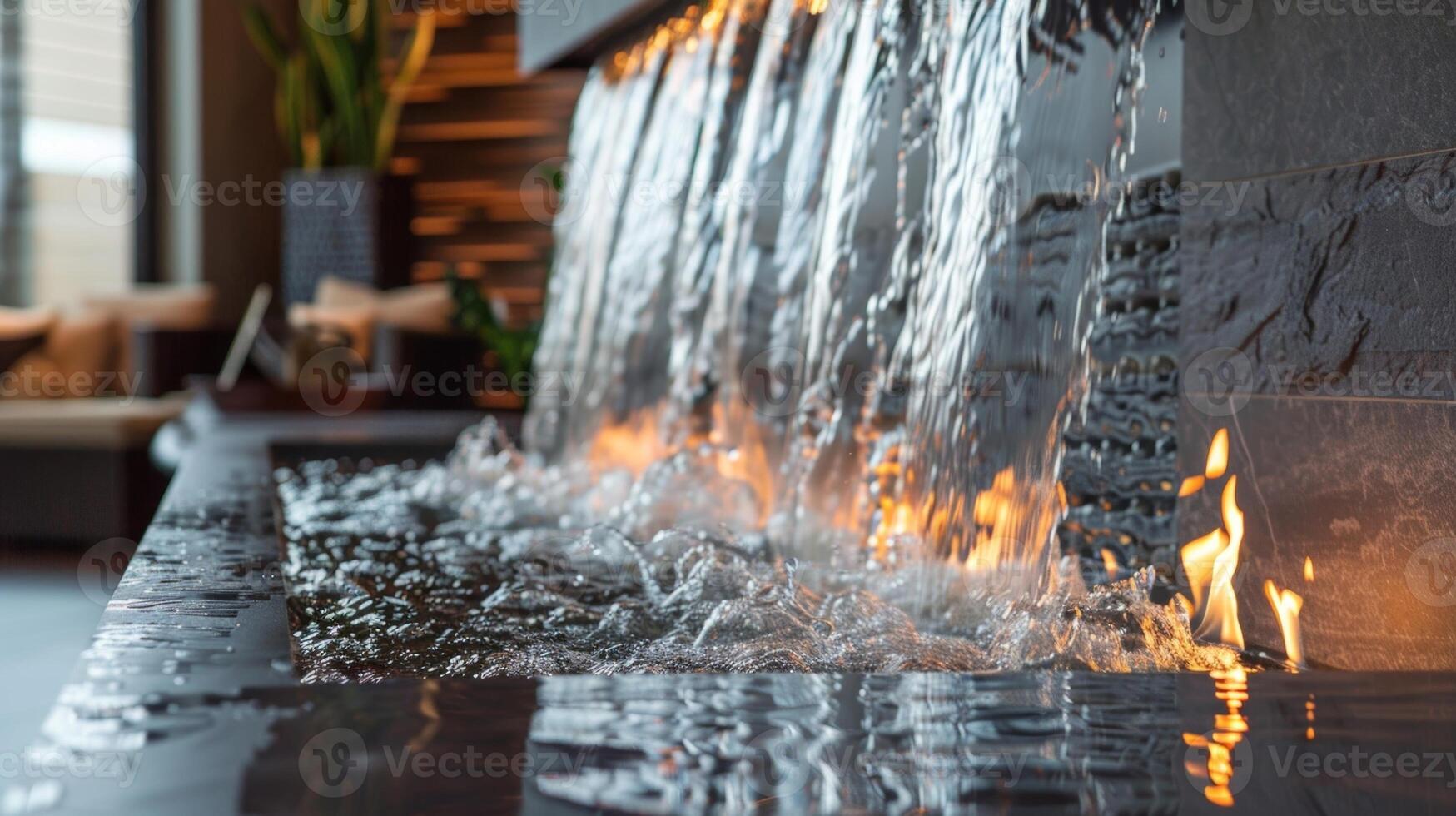 The cascading waterfall creates a mesmerizing display perfectly complementing the modern lines of the fireplace. 2d flat cartoon photo