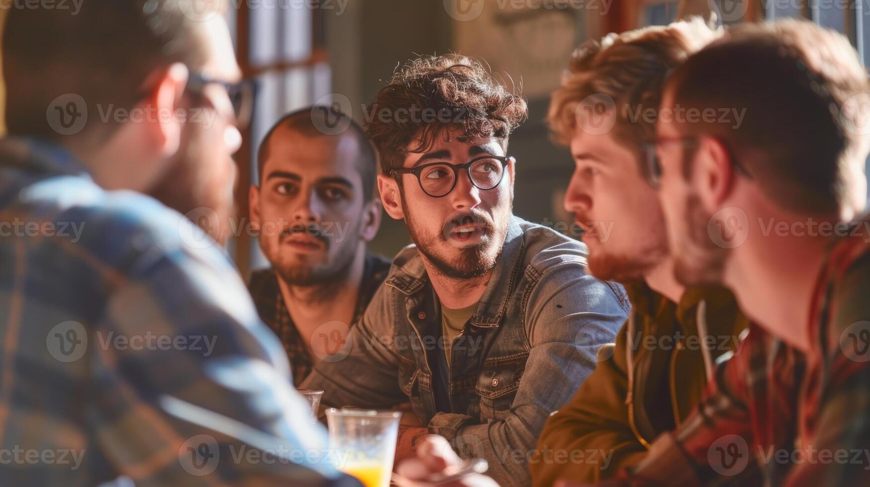 A group of men gathered around a table sharing their latest jewelry creations and offering feedback and support to one another in the tightknit community of mens jewelry makers photo