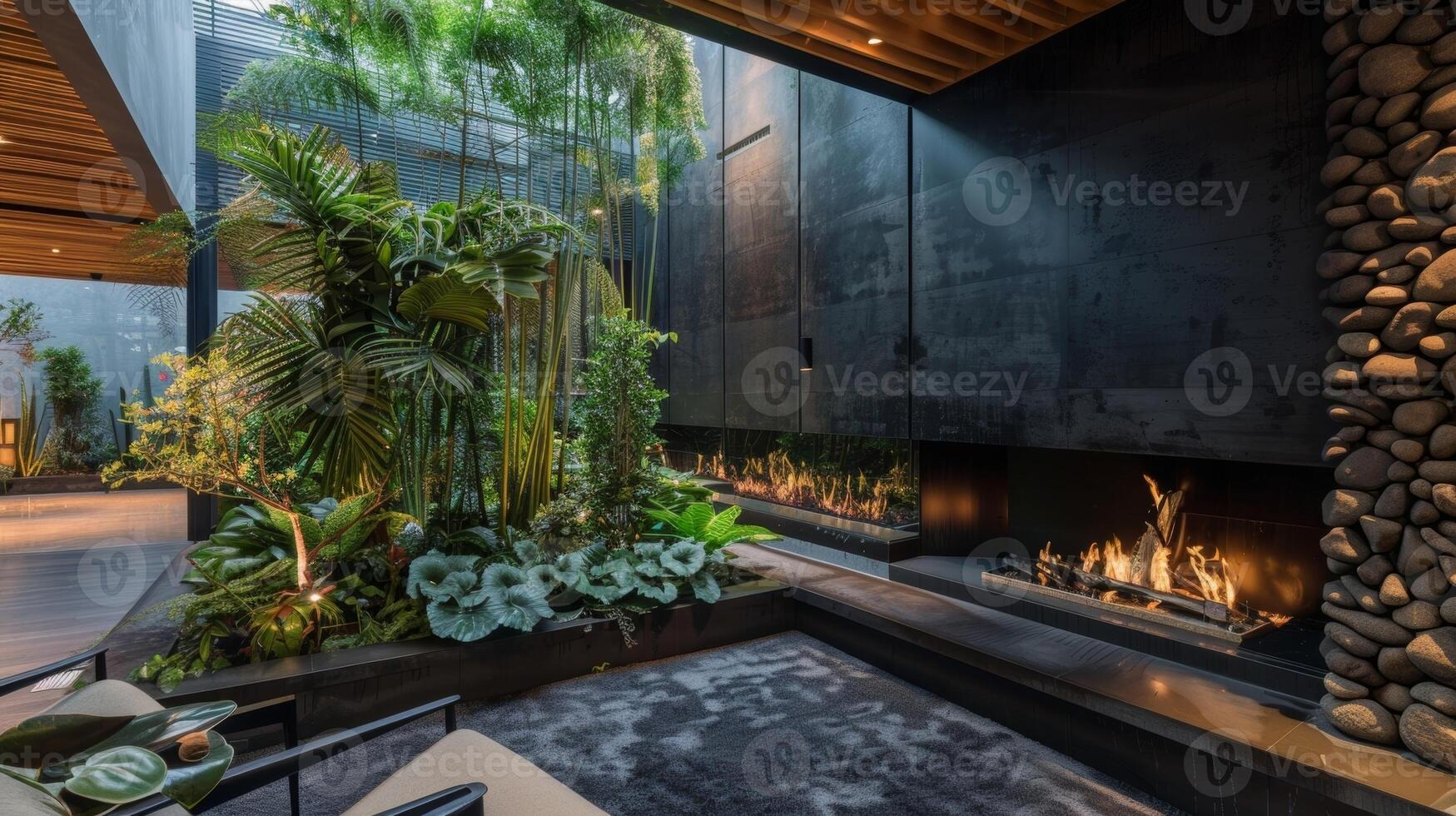 The fireplace features a sleek black design with the indoor garden feature built seamlessly into the structure for a cohesive look. 2d flat cartoon photo