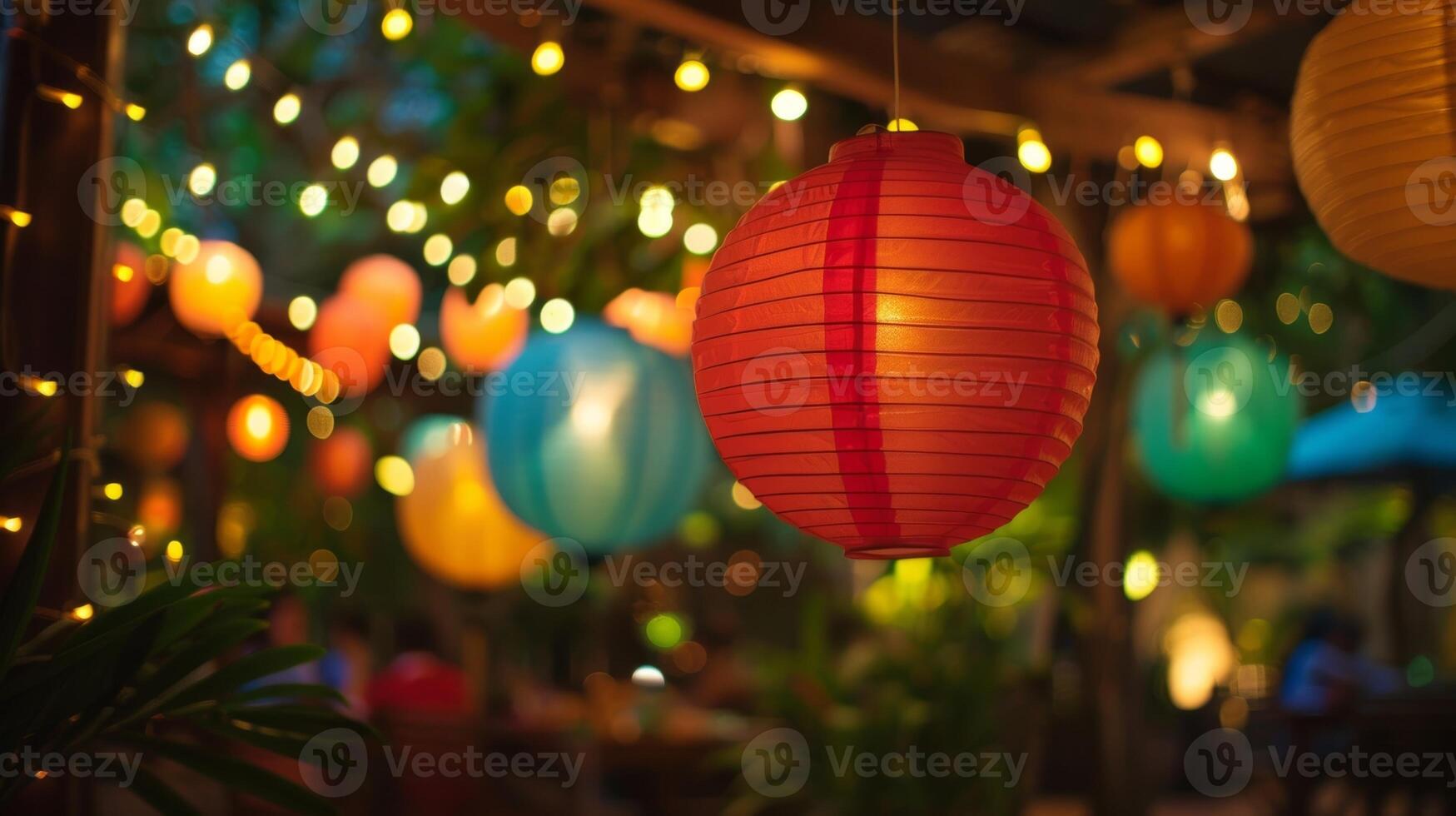 Colorful lanterns and string lights add to the festive atmosphere creating a whimsical setting for a casual dinner. 2d flat cartoon photo