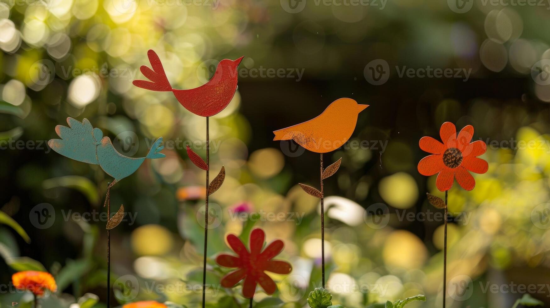 A set of garden markers in whimsical shapes like birds butterflies and suns adding a touch of whimsy to any garden space. photo