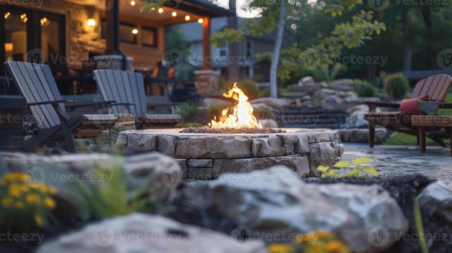 Surrounded by natural stone and modern landscaping the fire pit provides a stunning focal point for the backyard imbuing the space with a touch of rustic charm. 2d flat cartoon photo