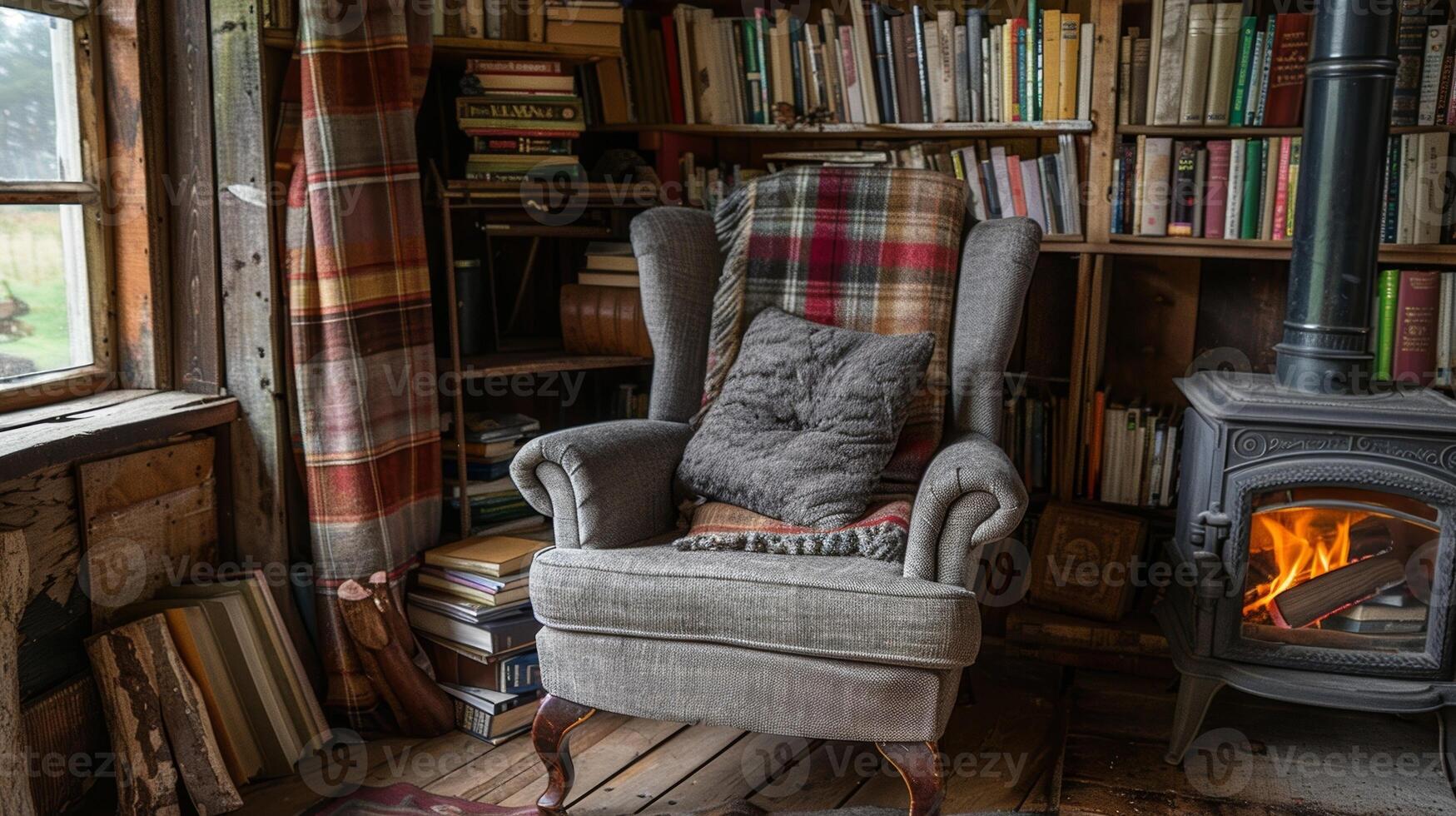 un acogedor leyendo rincón en el cabina con un felpa Sillón situado siguiente a un Madera quemandose estufa y un apilar de libros. 2d plano dibujos animados foto