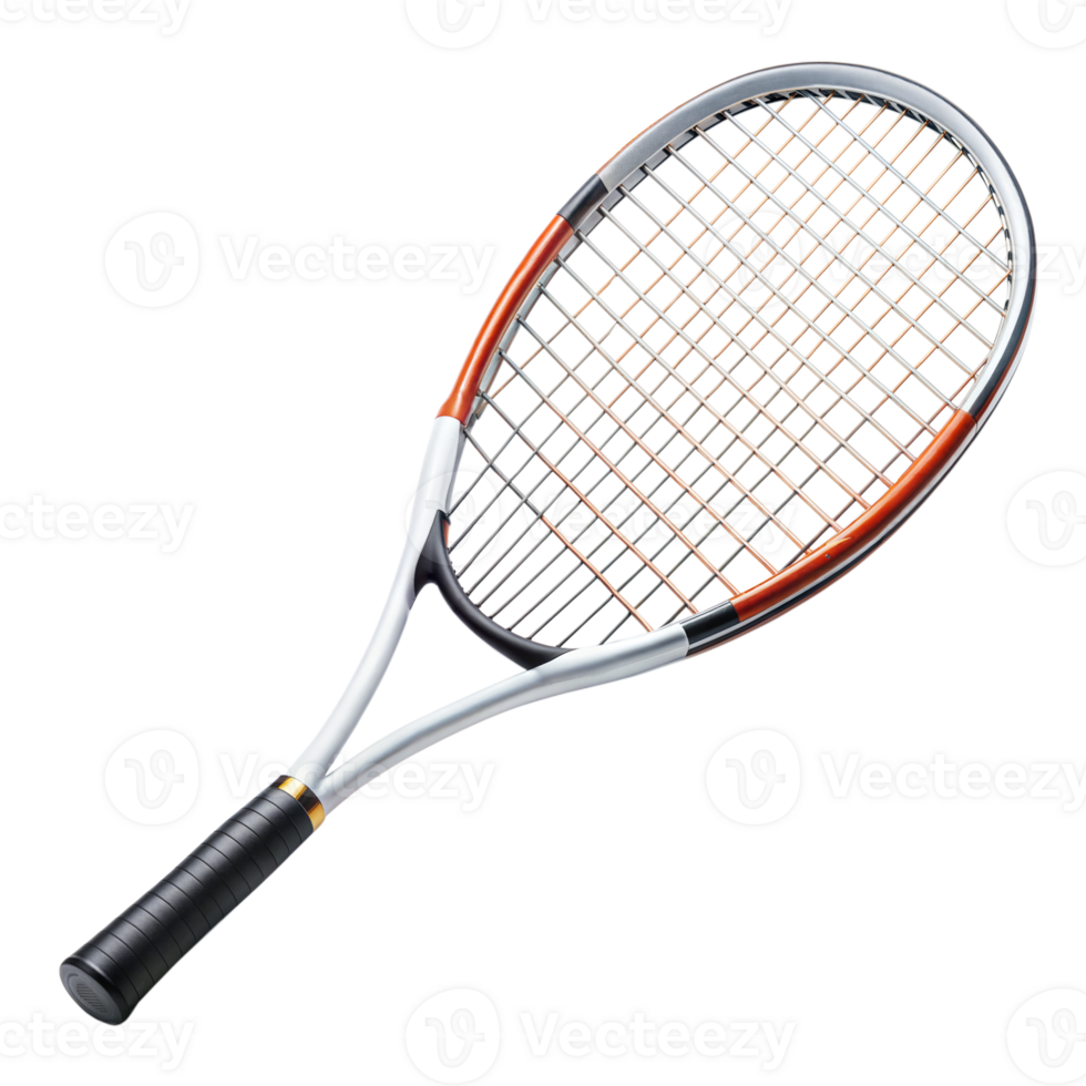A modern tennis racket with orange and black detailing png