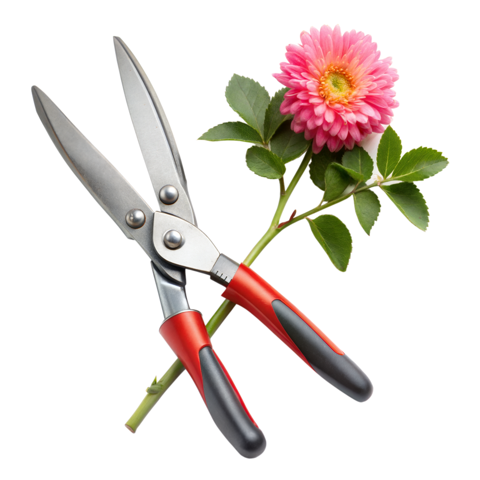 Pruning shears snipping a vibrant dahlia stem png