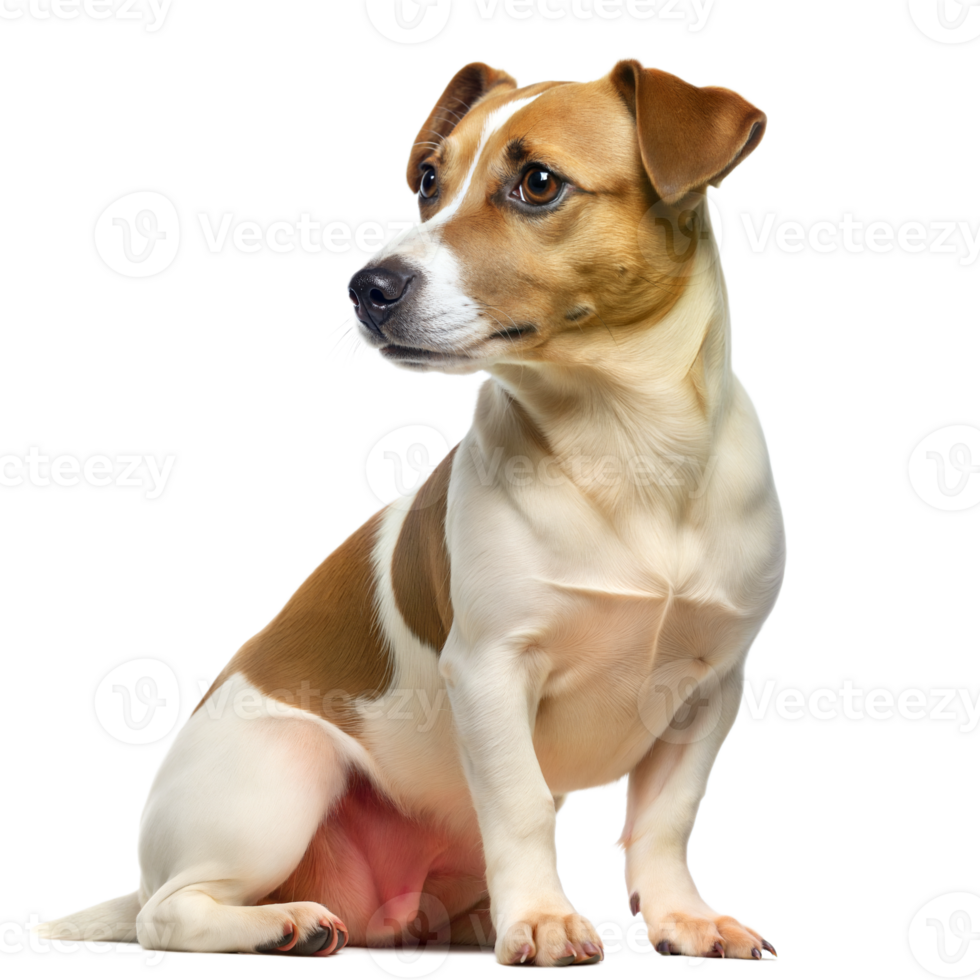 Brown and white dog sitting attentively, looking to the side png