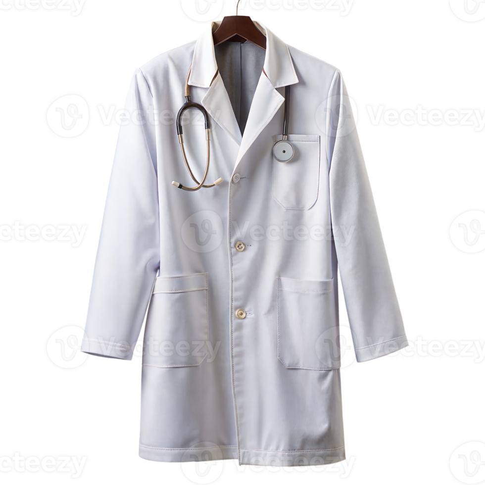 A white lab coat with a stethoscope draped around the collar png